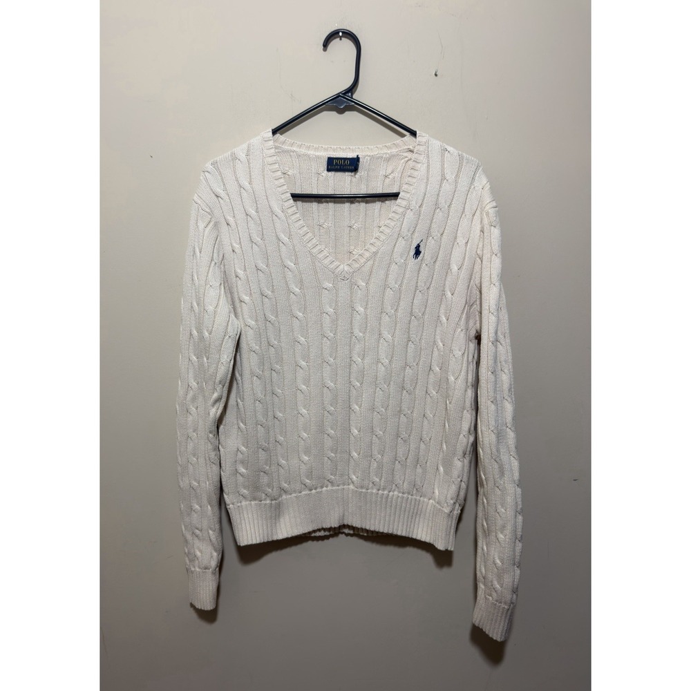 Polo Ralph Lauren Ivory Cable Knit V Neck Sweater Size L Preppy Old Money
